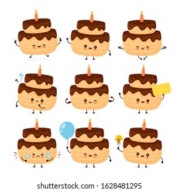 Cute happy layered birthday party cake with one candle set collection. Vector flat cartoon character illustration icon design.Isolated on white background.  Birthday cake bundle concept