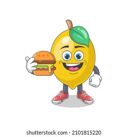 Cute Happy Lemon With Burger Cartoon Vector Illustration. Fruit Mascot Character Concept Isolated Premium Vector