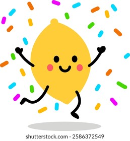 Cute Happy Lemon Character with Colorful Confetti – Fun Cartoon Illustration. Perfect for kids' designs, greeting cards, stickers, and playful branding elements.