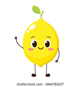 Cute happy lemon character. Funny fruit emoticon in flat style. Yellow lemon emoji vector illustration. Healthy vegetarian food