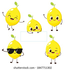 Cute happy lemon character. Funny fruit emoticon in flat style. Yellow lemon emoji vector illustration. Healthy vegetarian food