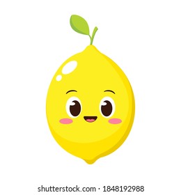 Cute happy lemon character. Funny fruit emoticon in flat style. Yellow lemon emoji vector illustration. Healthy vegetarian food