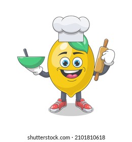 Cute Happy Lemon Chef Cartoon Vector Illustration. Fruit Mascot Character Concept Isolated Premium Vector