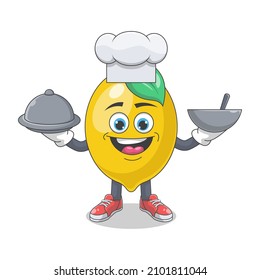 Cute Happy Lemon Chef Cartoon Vector Illustration. Fruit Mascot Character Concept Isolated Premium Vector