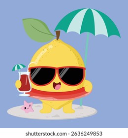 Cute And Happy Lemon Fruit Cartoon Character Enjoying The Beach While Drinking Fresh Juice