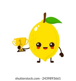 Cute happy lemon fruit with gold trophy. Vector flat fruit cartoon character illustration icon design