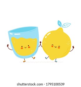 Cute happy lemon and lemonade glass. Isolated on white background. Vector cartoon character hand drawn style illustration