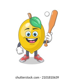 Cute Happy Lemon Playing Baseball Cartoon Vector Illustration. Fruit Mascot Character Concept Isolated Premium Vector