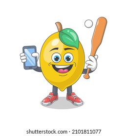 Cute Happy Lemon Playing Baseball Cartoon Vector Illustration. Fruit Mascot Character Concept Isolated Premium Vector