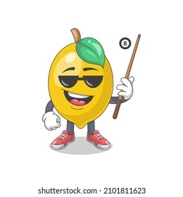 Cute Happy Lemon Playing Billiard Cartoon Vector Illustration. Fruit Mascot Character Concept Isolated Premium Vector