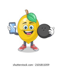 Cute Happy Lemon Playing Bowling Cartoon Vector Illustration. Fruit Mascot Character Concept Isolated Premium Vector
