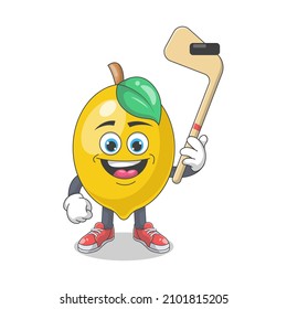 Cute Happy Lemon Playing Ice Hockey Cartoon Vector Illustration. Fruit Mascot Character Concept Isolated Premium Vector