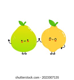 Cute happy lemon and pomelo. Vector hand drawn doodle style cartoon character illustration icon design. Сard whith cute happy lemon and pomelo. Friends concept