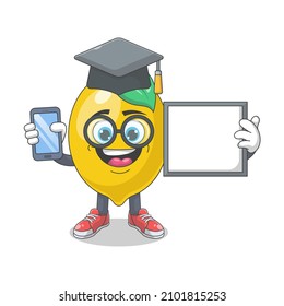 Cute Happy Lemon University Graduate Cartoon Vector Illustration. Fruit Mascot Character Concept Isolated Premium Vector