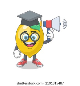 Cute Happy Lemon University Graduate Cartoon Vector Illustration. Fruit Mascot Character Concept Isolated Premium Vector