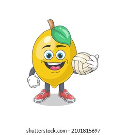 Cute Happy Lemon With Volleyball Cartoon Vector Illustration. Fruit Mascot Character Concept Isolated Premium Vector