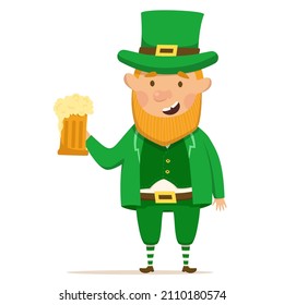 Cute and happy leperchaun with beer. St.Patrick 's Day. Vector Illustration on a white background. Red-haired leprechaun in a green national costume