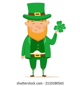 Cute and happy leperchaun with clover. St.Patrick 's Day. Vector Illustration on a white background. Red-haired leprechaun in a green national costume