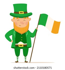 Cute and happy leperchaun with Irish flag. St.Patrick 's Day. Vector Illustration on a white background. Red-haired leprechaun in a green national costume