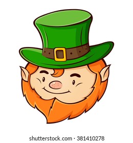 Cute happy leprechaun head wearing green hat, vector illustration