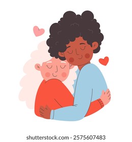 Cute happy lesbian couple hugging. Love is Love. Happy Valentines Day. LGBT, Pride community. Vector illustration in flat style