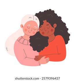 Cute happy lesbian couple hugging. Love is Love. Happy Valentines Day. LGBT, Pride community. Vector illustration in flat style