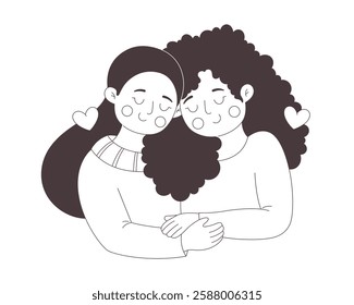 Cute happy lesbian couple hugging. Love is Love. Happy Valentines Day. LGBT, Pride community. Vector doodle illustration, hand drawn design