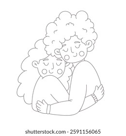 Cute happy lesbian couple hugging. Coloring page. Love is Love. Happy Valentines Day. LGBT, Pride community. Vector doodle illustration, hand drawn design