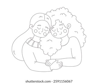 Cute happy lesbian couple hugging. Coloring page. Love is Love. Happy Valentines Day. LGBT, Pride community. Vector doodle illustration, hand drawn design