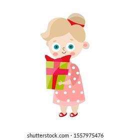 Cute happy light-haired girl in a pink dress holding a gift box in a pink dress. Vector illustration in flat cartoon style.