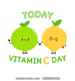 Lima feliz y limón. Diseño de iconos de ilustración de caricaturas con estilo de doodle dibujado a mano por vectores. С ard con lima feliz y limón