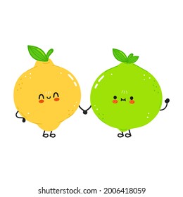 Cute happy lime and lemon. Vector hand drawn doodle style cartoon character illustration icon design. Сard whith cute happy lime and lemon