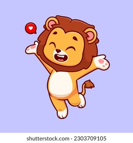 Cute Happy Lion Cartoon Vector Icon Illustration. Animal Nature Icon Concept Isolated Premium Vector. Flat Cartoon Style