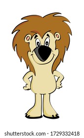 Cute happy lion character standing with his hands on his hips and looking at front. Cartoon style vector illustration.