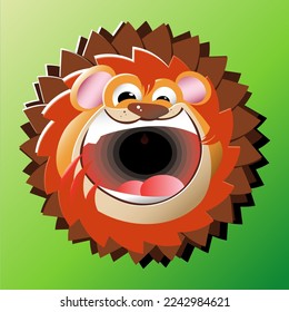 Cute happy lion mascot for greeting card and clipart, animal cartoon character, expressive vector logo design. Green and blue gradient background. 