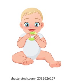 Cute happy little baby biting teether. Cartoon style vector illustration isolated on white background.