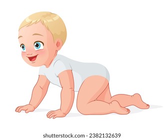 Cute and happy little baby crawling. Cartoon style vector illustration isolated on white background.