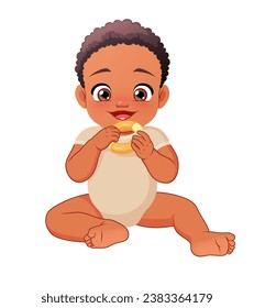 Cute happy little Black baby biting a teether. Cartoon style vector illustration isolated on white background.