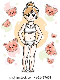 Cute happy little blonde girl in underwear posing on background with kittens. Vector character. Sleep time theme.
