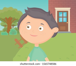 cute happy little boy in the backyard, kids toys vector illustration