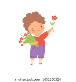 Cute Happy Little Boy with Bouquet of Flowers Cartoon Vector Illustration