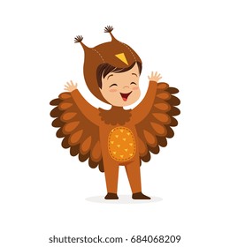 Cute happy little boy dressed as an owl, kids carnival costume vector Illustration