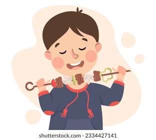 Cute happy little boy eating grilled meat on skewer cartoon vector illustration