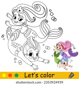 Cute and happy little boy and girl mermaid twins. Vector cartoon black and white illustration. Kids coloring page with a color sample. For print, design, poster, sticker, decoration, t shirt design