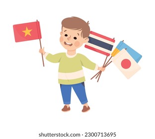 Cute happy little boy holding flags of different countries. Preschool kid learning about new countries cartoon vector illustration