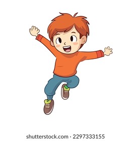 Cute happy little boy jump and rise hand cartoon flat character vector illustration