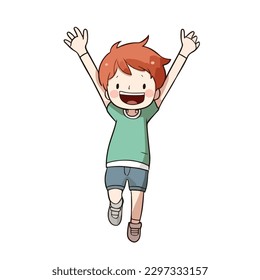 Cute happy little boy jump and rise hand cartoon flat character vector illustration