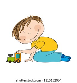 Cute happy little boy is kneeling on the floor and playing with choo choo train - original hand drawn illustration.