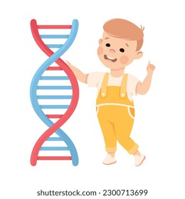 Un niño pequeño y feliz aprendiendo sobre la estructura del adn. Niño preescolar estudiando en la ilustración de la biología ilustración ilustración ilustración ilustración de vector