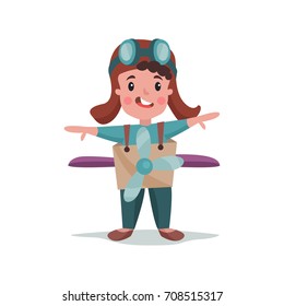 Cute happy little boy in pilot costume playing, kid dreaming of becoming a spaceman vector Illustration